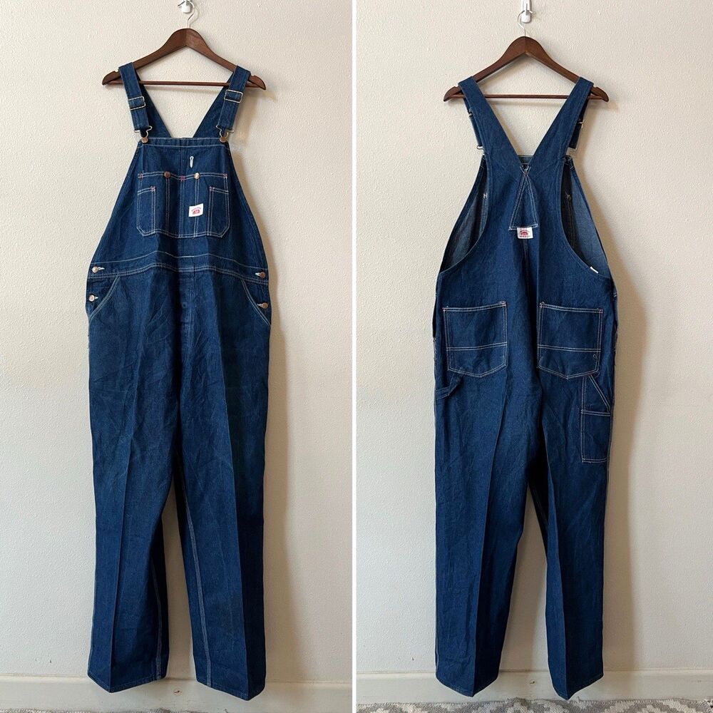 Roundhouse Denim Cargo Bib Overalls Men 44x30 USA Made Workwear Heritage Vintage